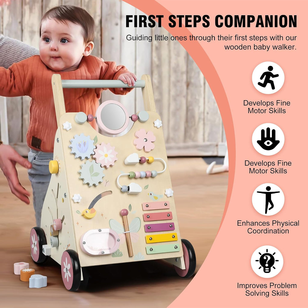 Caminador de madera para bebé, caminador de empuje para bebé, juguetes de caminador de empuje para bebés que aprenden a caminar y a pasar de sentado a de pie, con juguete sensorial