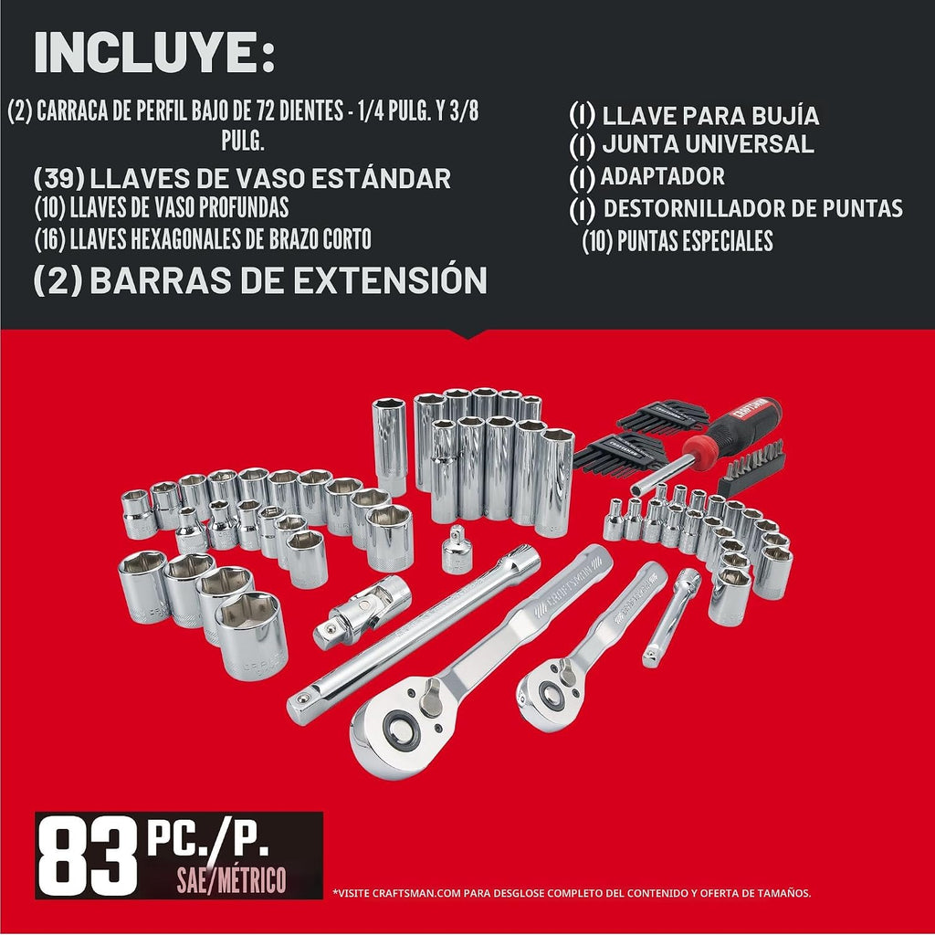 CRAFTSMAN Juego de herramientas para mecánicos, 83 piezas de herramientas de mano y juego de llaves de vaso SAE/métrico (CMMT12121)