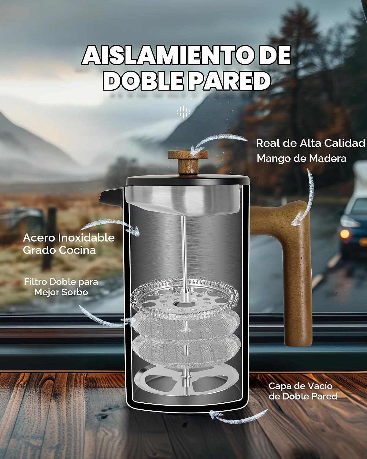 POLIVIAR - Cafetera de prensa francesa, prensa de café de 34 onzas con mango de madera real, aislamiento de doble pared y pantalla de doble filtro, acero inoxidable de grado alimenticio para un buen
