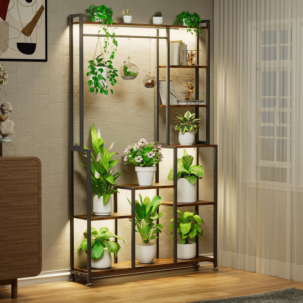 CODACE Soporte para Plantas de Interior con Luz de Crecimiento - Estante para Plantas de 71 Pulgadas de Alto, Soporte de Metal Grande para Plantas de 8 Niveles, Estante Cuadrado para Flores, Estante