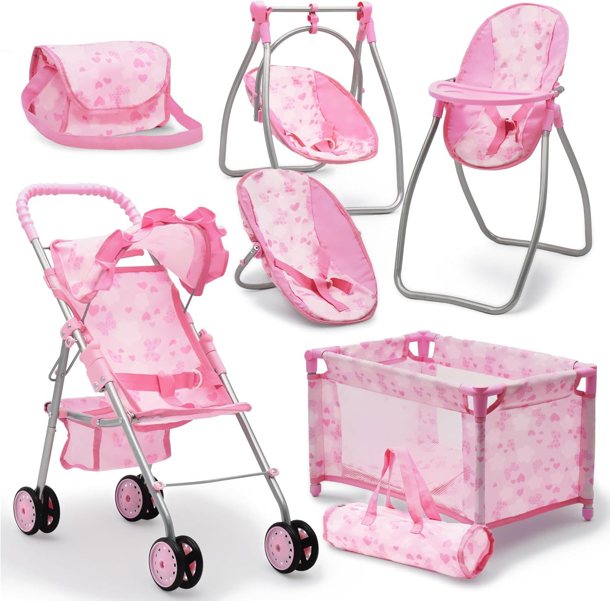 Juego de cochecito, columpio y cuna para muñeca bebé, Rosa