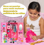 ebuddy 105 Pcs Juego de Muñeca y Armario Plyaset - Set de Wardrobe que Incluye Una Muñeca, Armario, Riel para Zapatos, Vestido, Colgantes y Colgadores de Zapatos