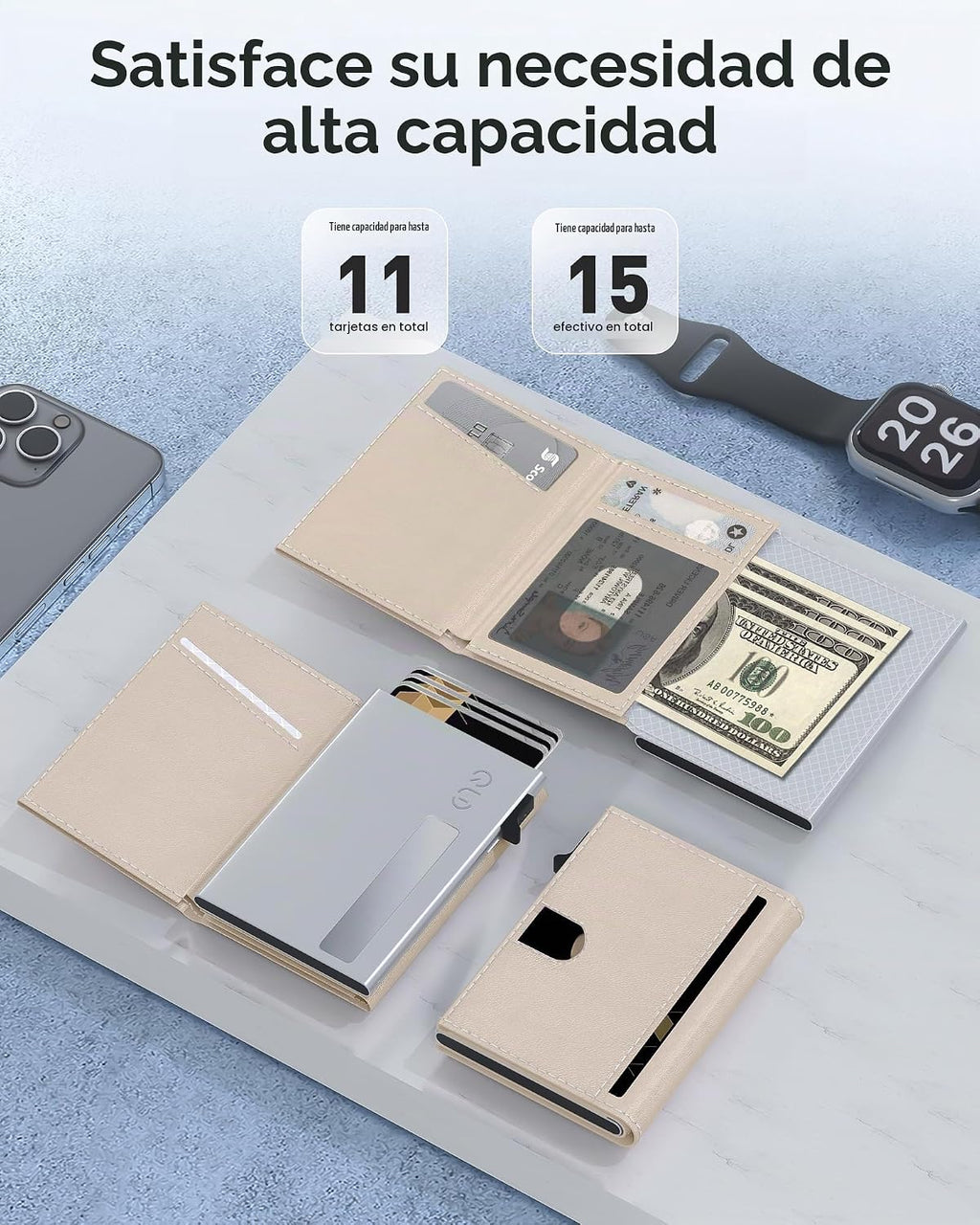 Cartera mejorada 2026 para hombre, bloqueo RFID [desplegable suavemente] Soporte para tarjetas de crédito minimalista triple billetera delgada de metal y ranura para efectivo, cartera de bolsillo
