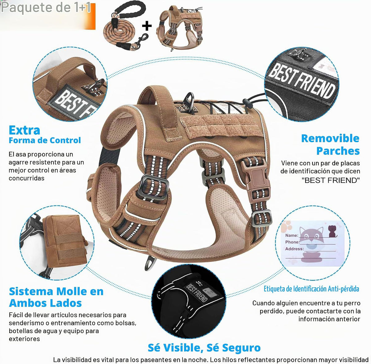 Beebiepet - Arnés táctico sin tirones para perro, con correa, grande, color