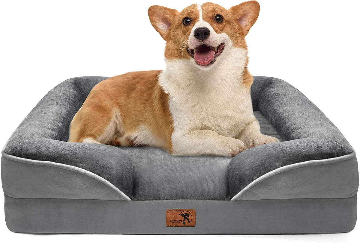 Spotted Play - Cama ortopédica para perros con laterales - Sofás para perros medianos, sofá de espuma de apoyo con funda extraíble y lavable, forro impermeable y fondo antideslizante, gris - M