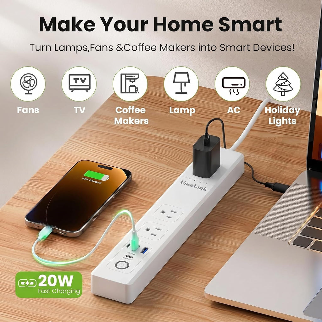 Regleta de alimentación WiFi inteligente, protector de sobretensiones con múltiples salidas de CA, control remoto WiFi, toma inteligente compatible con Alexa Google Home, función de temporizador