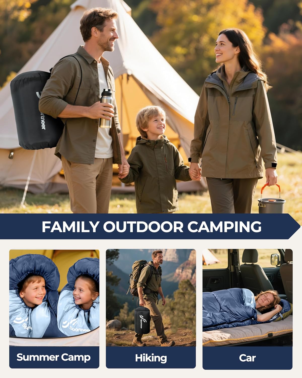 Sportneer Saco de dormir, 3 estaciones, cálido y frío, saco de dormir para adultos, niños y niñas, con saco de compresión, accesorios ligeros para equipo de camping, mochileros, senderismo