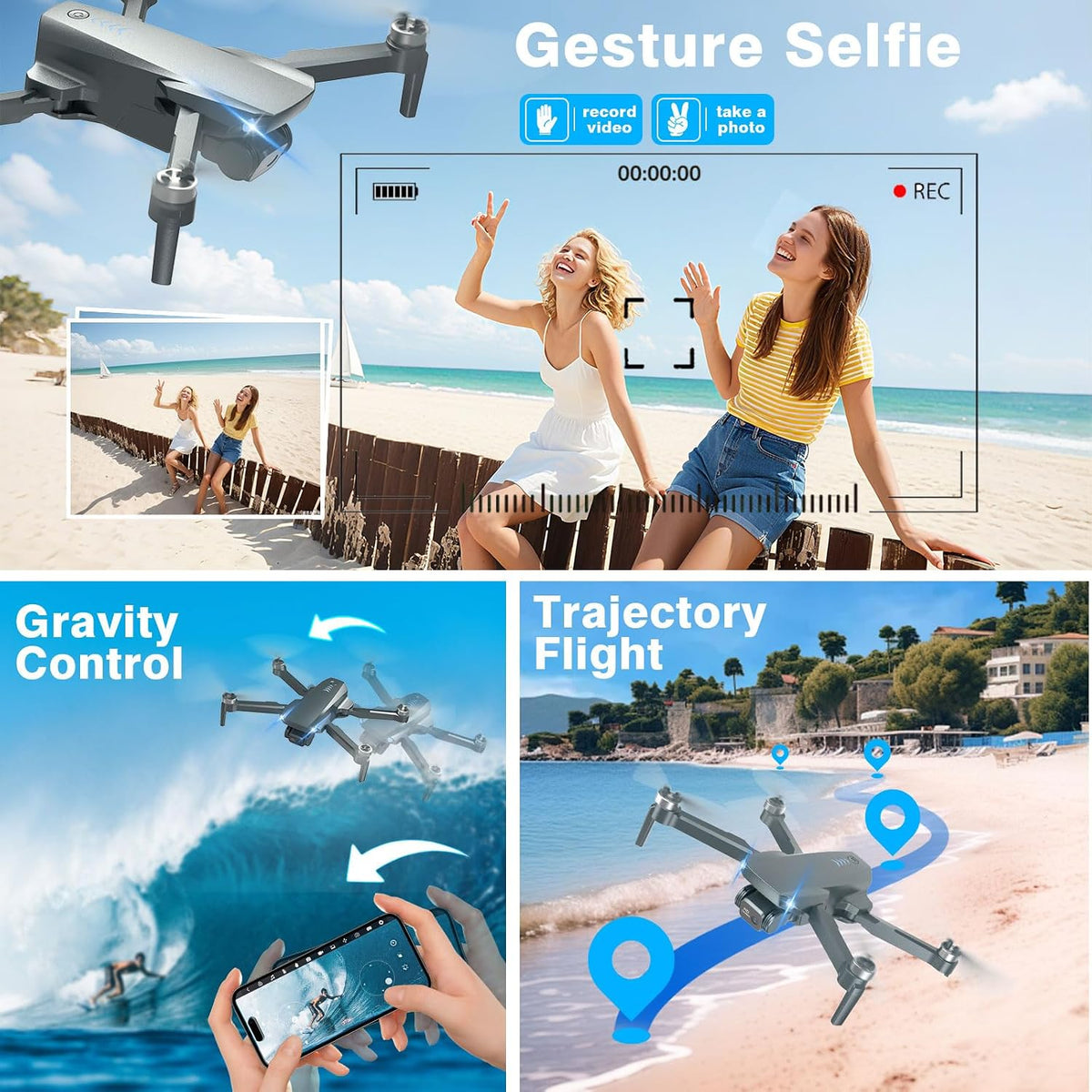FPV Drone con cámara 1080P HD - Cuadricóptero RC plegable para adultos principiantes niños, control de voz, selfie gesto, modo sin cabeza, 2 baterías de 30 minutos de tiempo de vuelo largo, funda de