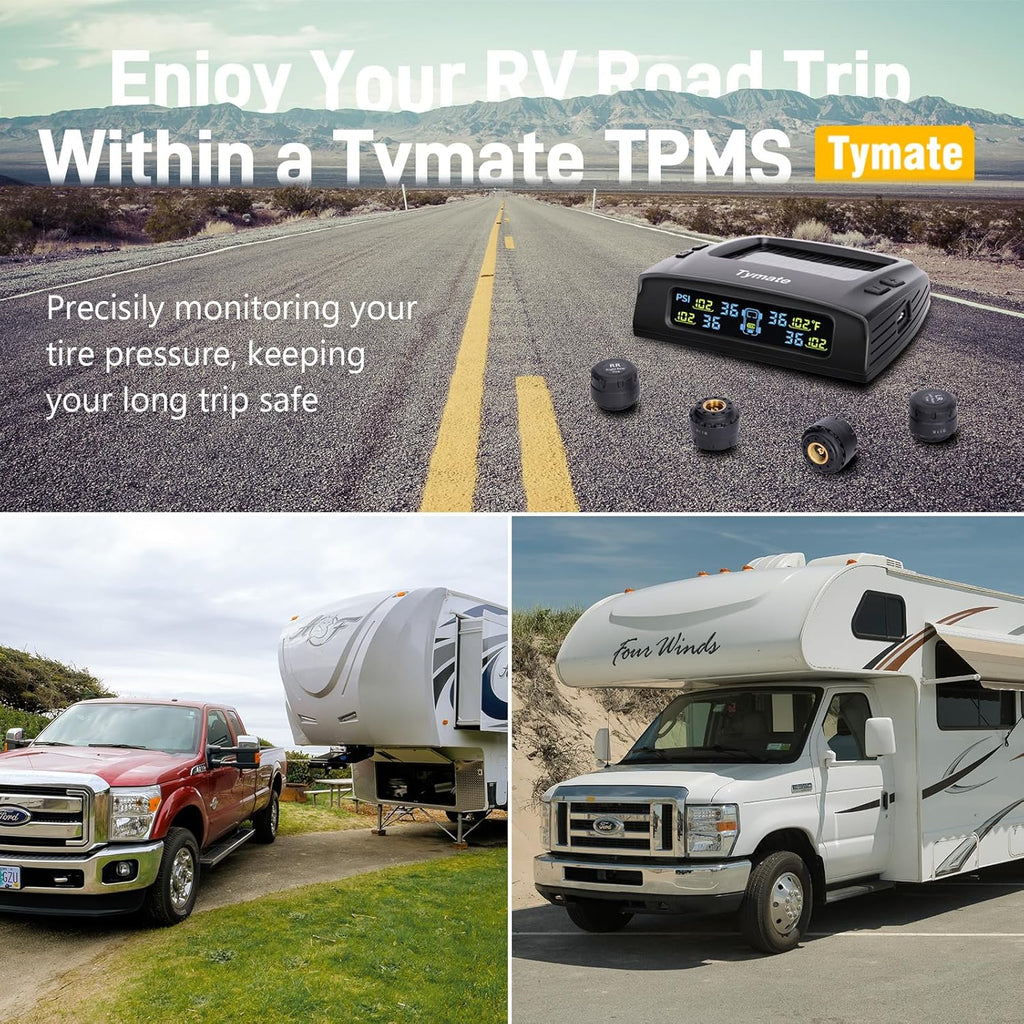 Tymate Sistema de monitoreo de presión de neumáticos TM2 RV, monitor de presión de neumáticos con carga solar, TPMS con 4 sensores (máximo 10) y 6 modos de alarma, nueva actualización con pantalla LCD