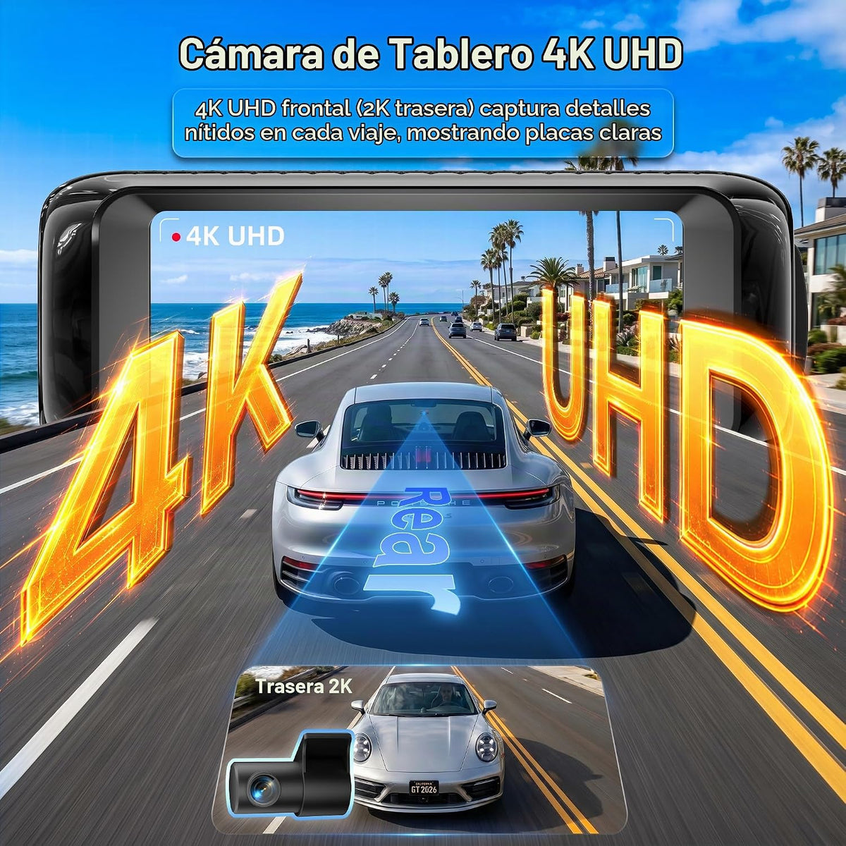 Cámara para auto dual 4K Delantera y Trasera, sensor STARVIS 2, Wi‑Fi 6, Visión nocturna