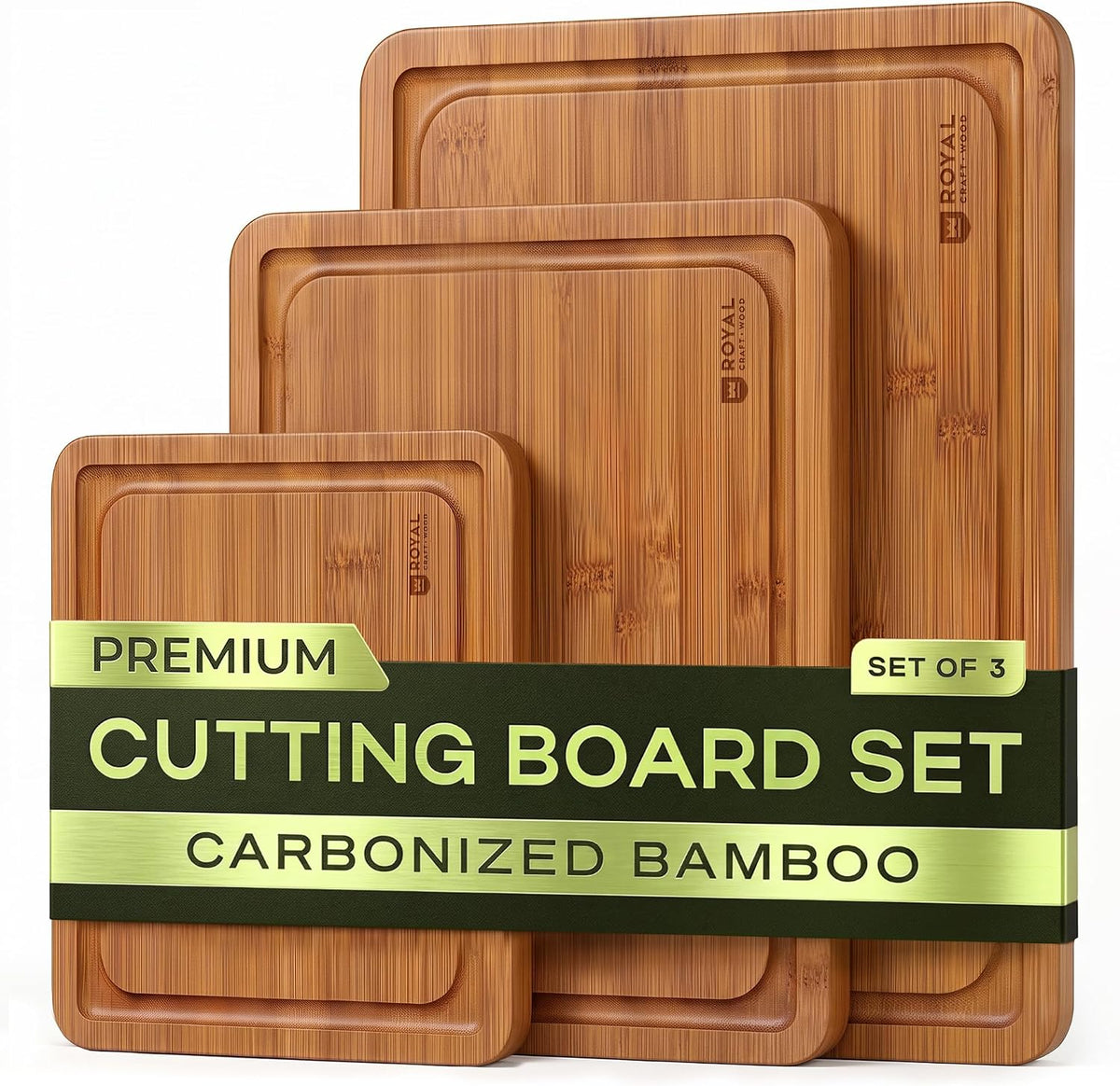 ROYAL CRAFT WOOD Tablas de cortar de madera para preparar comidas de cocina y servir – Juego de tablas de cortar de bambú no tóxicas con asas laterales profundas para jugo – Charcutería y bloque de