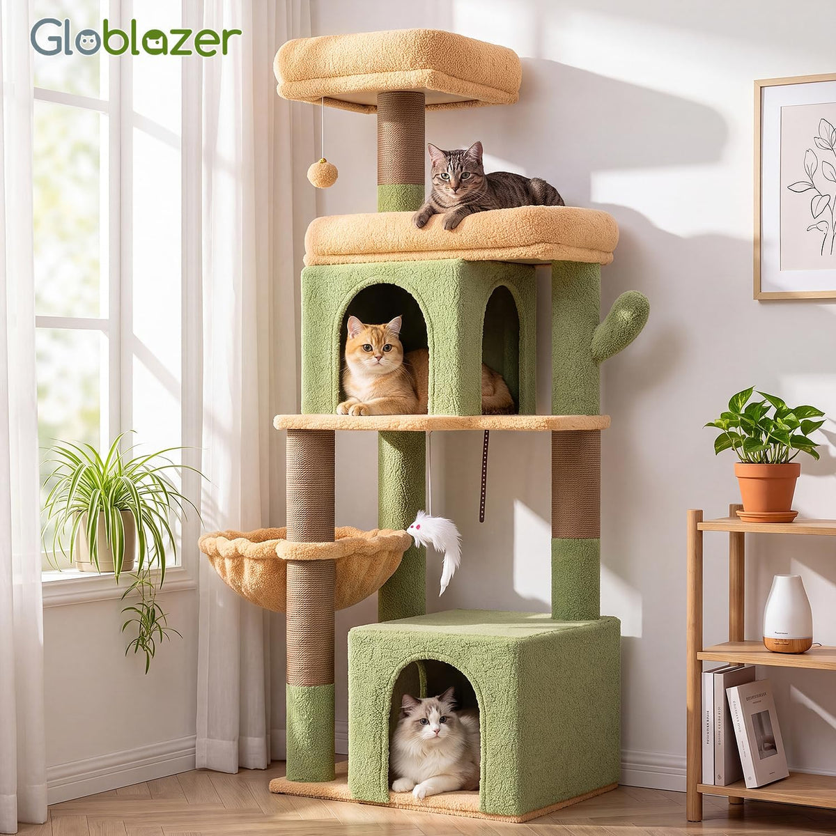 Globlazer Cactus Cat Tree Tower 2 Condo Kitten Scratching Post, F54, Verde