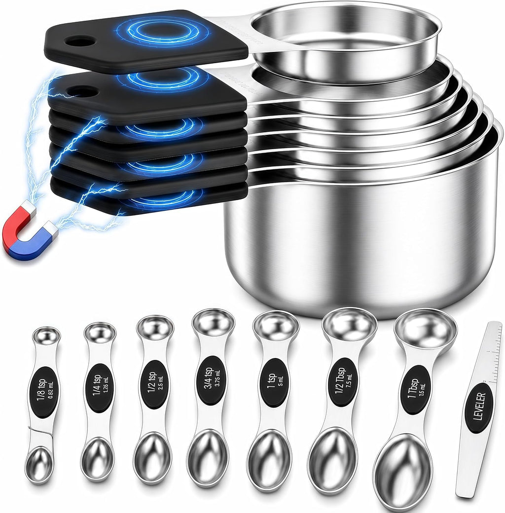 Juego de tazas y cucharas medidoras magnéticas, tazas de acero inoxidable