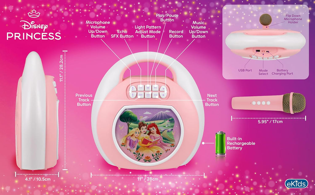 Disney Princess - Máquina de karaoke Bluetooth para niños con micrófono inalámbrico