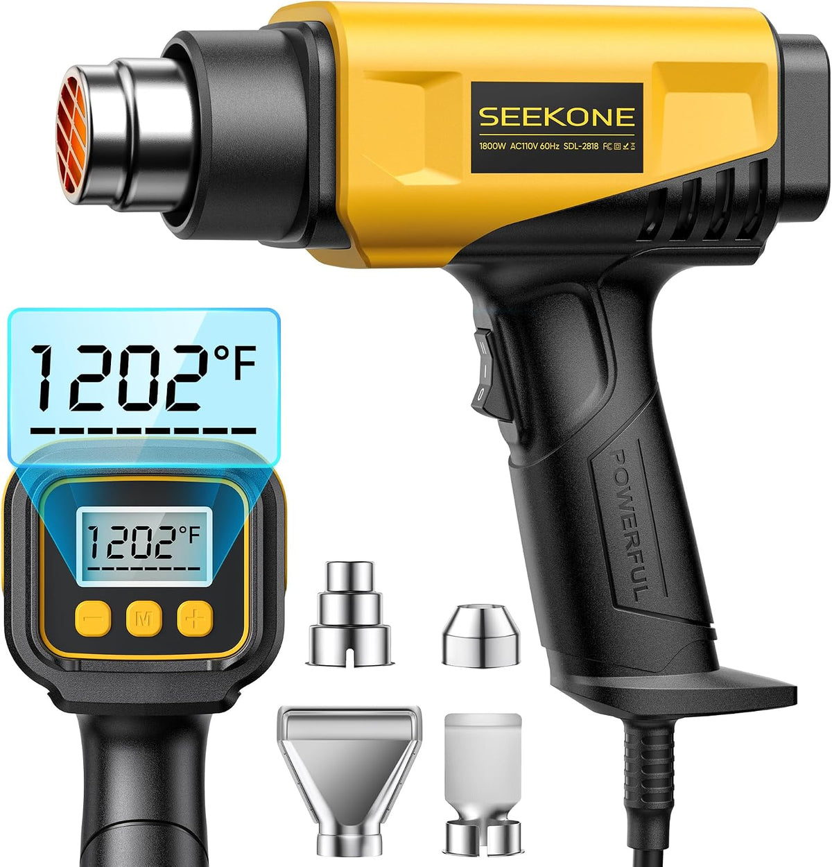 SEEKONE Pistola de calor compacta de 1800 W con pantalla LCD 122℉-1202℉
