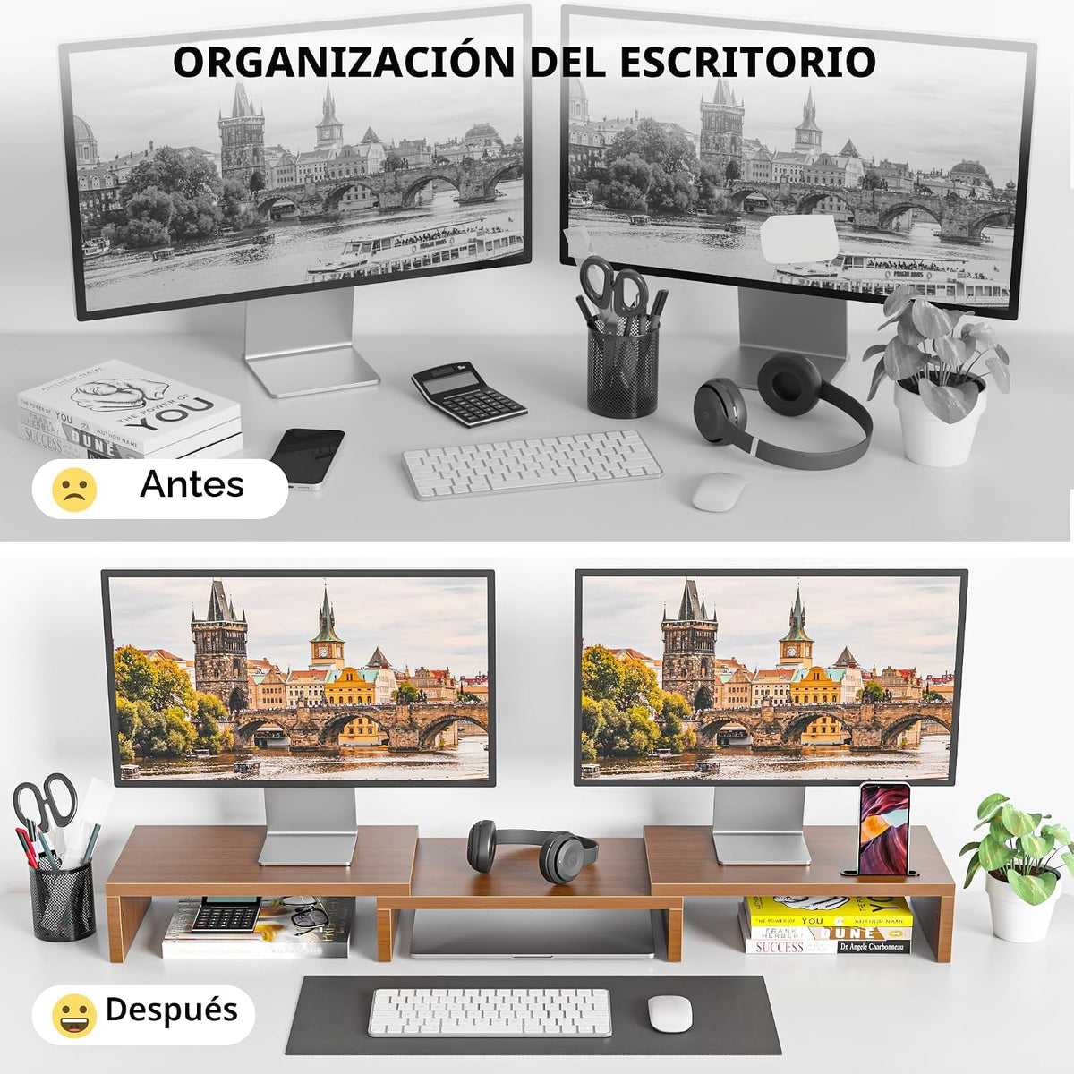 BONTEC Soporte Dual para Monitor Regulable en Longitud y Ángulo de Giro, Nogal