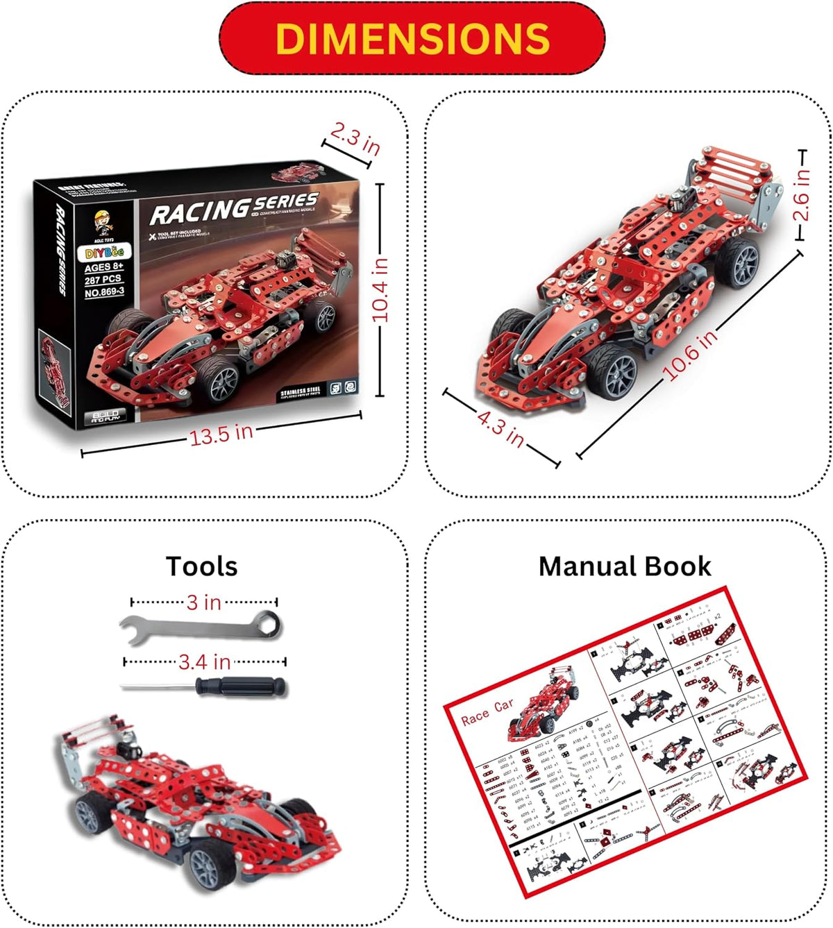 Kit de coche modelo de metal, 287 piezas de juguetes de construcción
