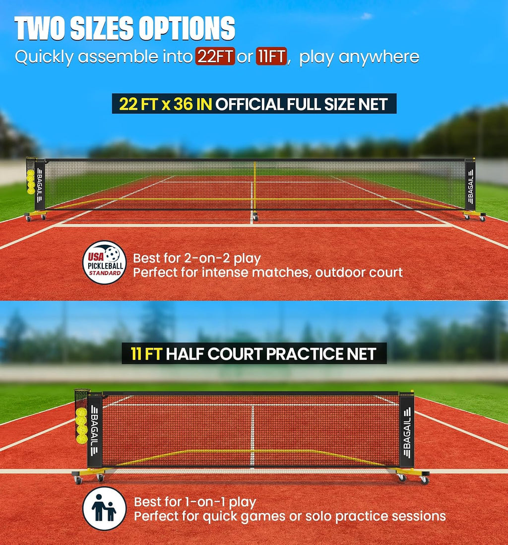 BAGAIL Portátil Set de Red de Pickleball, 22 FT Tamaño reglamentario de red de pickleball con recogedor de pelotas, 4 pelotas y bolsa de transporte, montaje fácil para exterior interior en la entrada