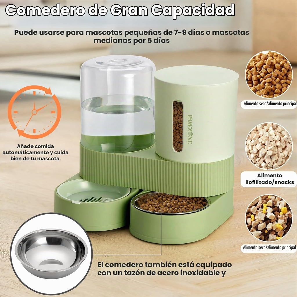 Alimentador automático para gatos, dispensador de agua de acero inoxidable, alimentador de alimentos por gravedad y bebedero con cuenco de comida para mascotas, para gatitos pequeños y medianos, cachorros, mascotas, gran capacidad (verde)
