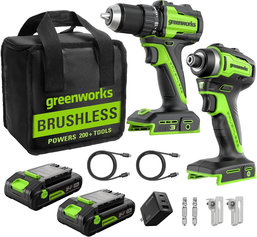 Greenworks - Taladro inalámbrico sin escobillas de 24 V, 400 pulgadas-libras más combo de destornillador de 1950pulgadas-libras, alto par, ligero, (2) baterías USB-C de 2.0 Ah (batería externa de