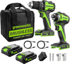 Greenworks - Taladro inalámbrico sin escobillas de 24 V, 400 pulgadas-libras más combo de destornillador de 1950pulgadas-libras, alto par, ligero, (2) baterías USB-C de 2.0 Ah (batería externa de
