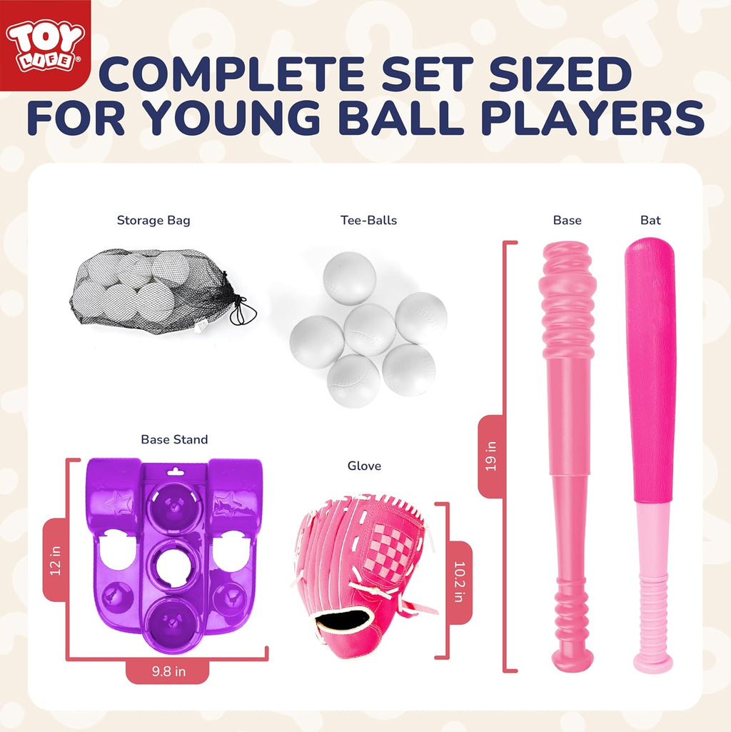 TOY Life Juego de pelota en T para niños de 3-5, 5-8, juego de béisbol para niñas, juegos de soporte de pelota en T con guante de béisbol, camiseta de bate de pelota de béisbol para exteriores e