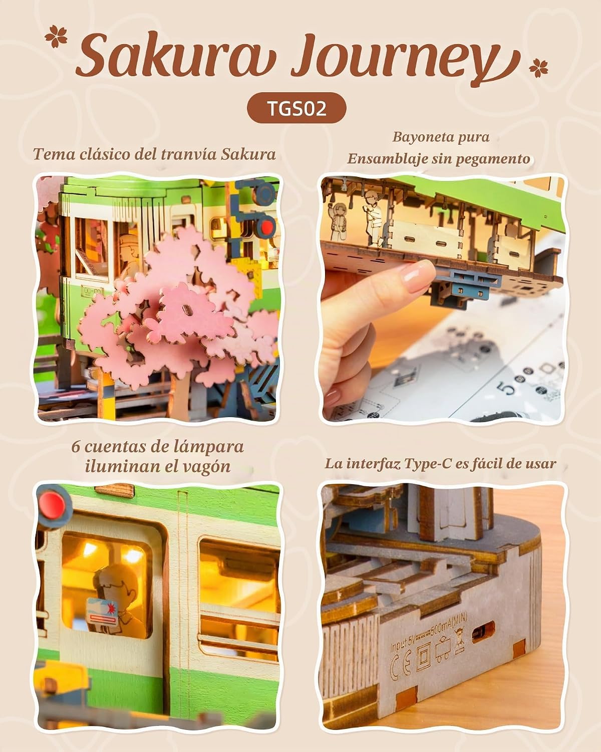 Rolife Sakura Journey Tram - Rompecabezas de madera 3D para adultos, kits de construcción de modelos de bricolaje con luces LED, regalo creativo para niños, regalo de pasatiempos y rompecabezas para