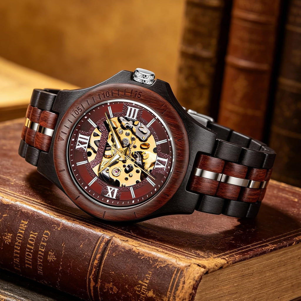 Reloj mecánico de madera para hombre Tiong, reloj automático esqueleto con caja de regalo