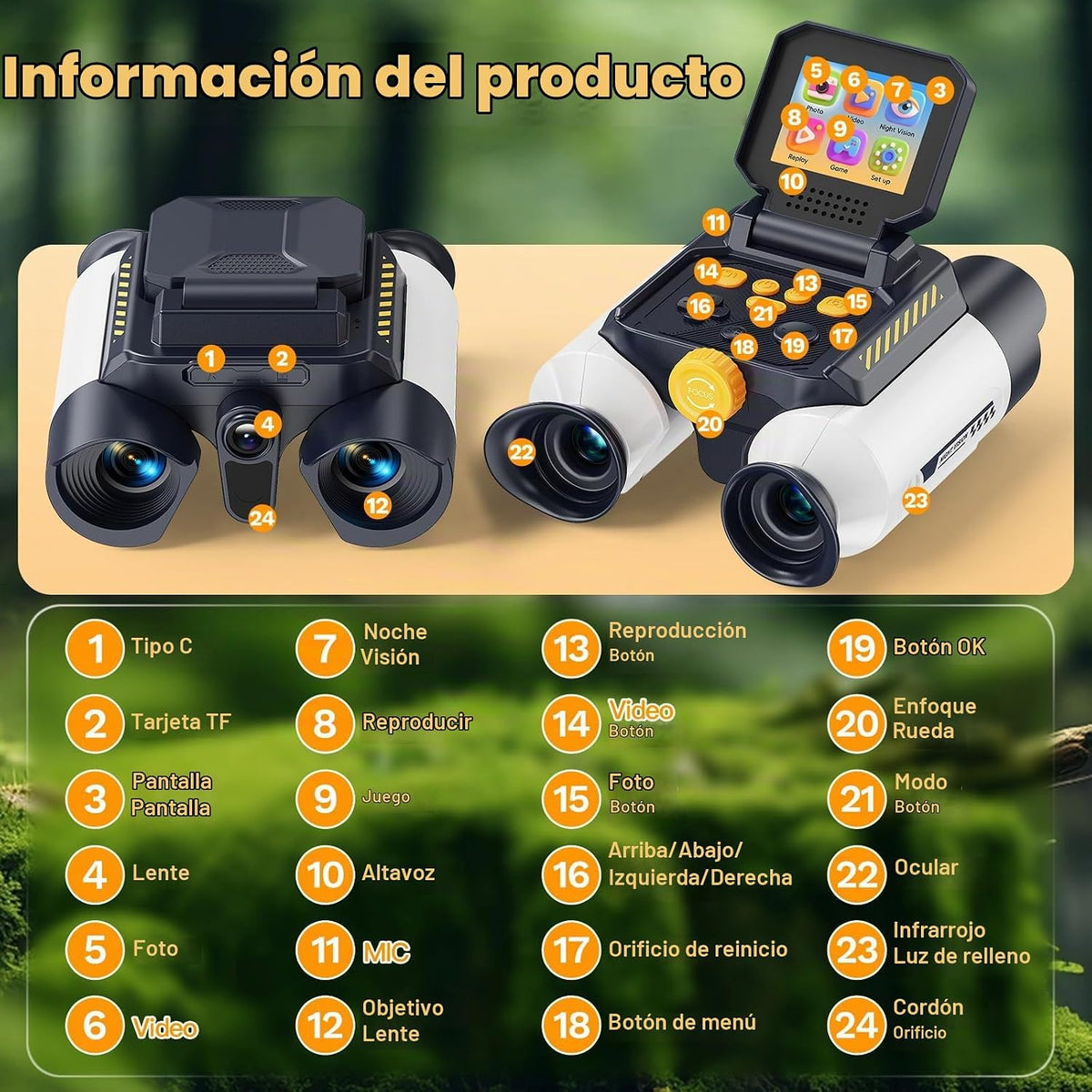 Binoculares de visión nocturna para niños, 48MP, pantalla de 2.4