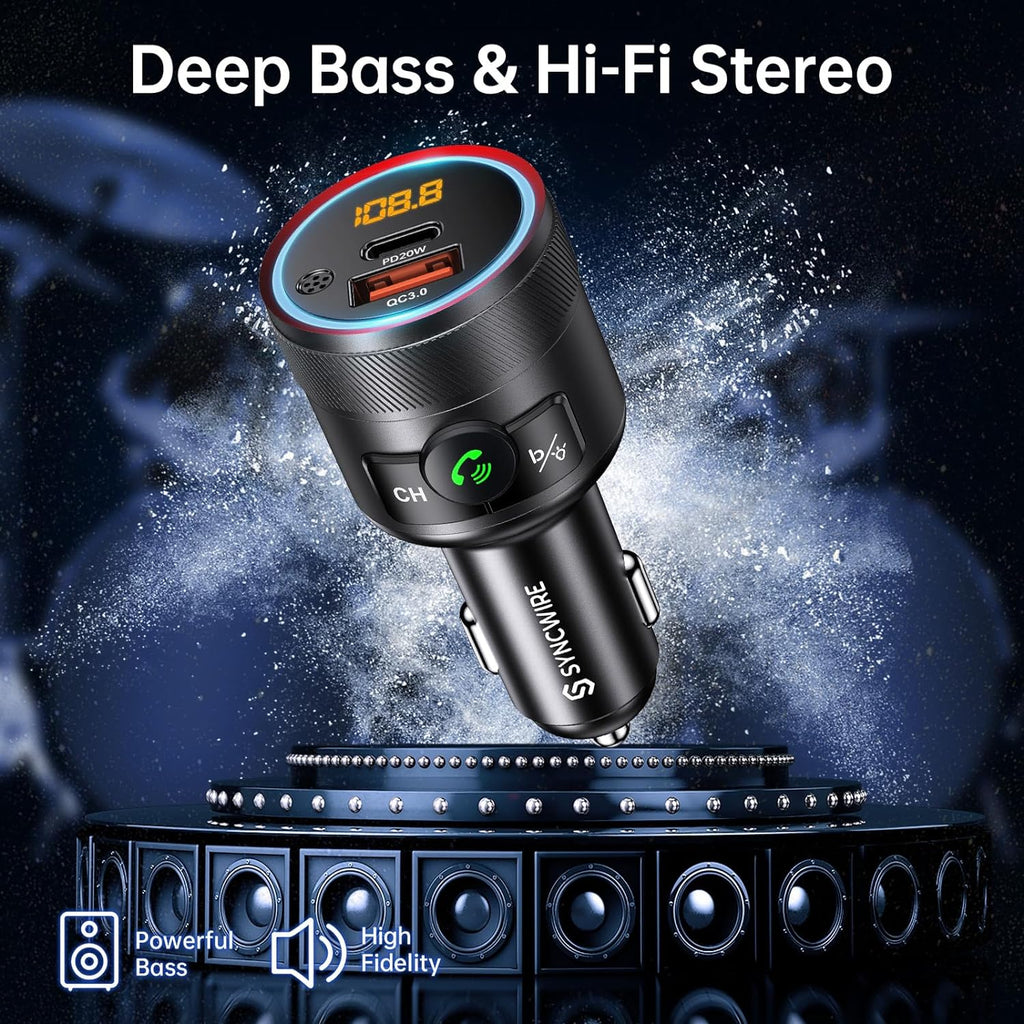 Syncwire Transmisor FM Bluetooth 5.4 para coche, 38 W PD y QC3.0 Dual USB Carga Bluetooth Adaptador de coche Micrófono y sonido de graves MP3 Reproductor de música FM Kit con llamadas manos libres