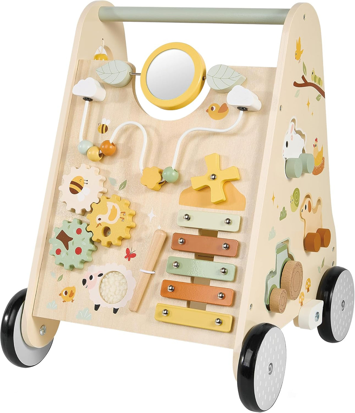 Andador de madera para bebés, andador de bebé con centro de actividades para niñas y niños, juguetes sensoriales Montessori para bebés que aprenden a caminar y sentarse a estar de pie