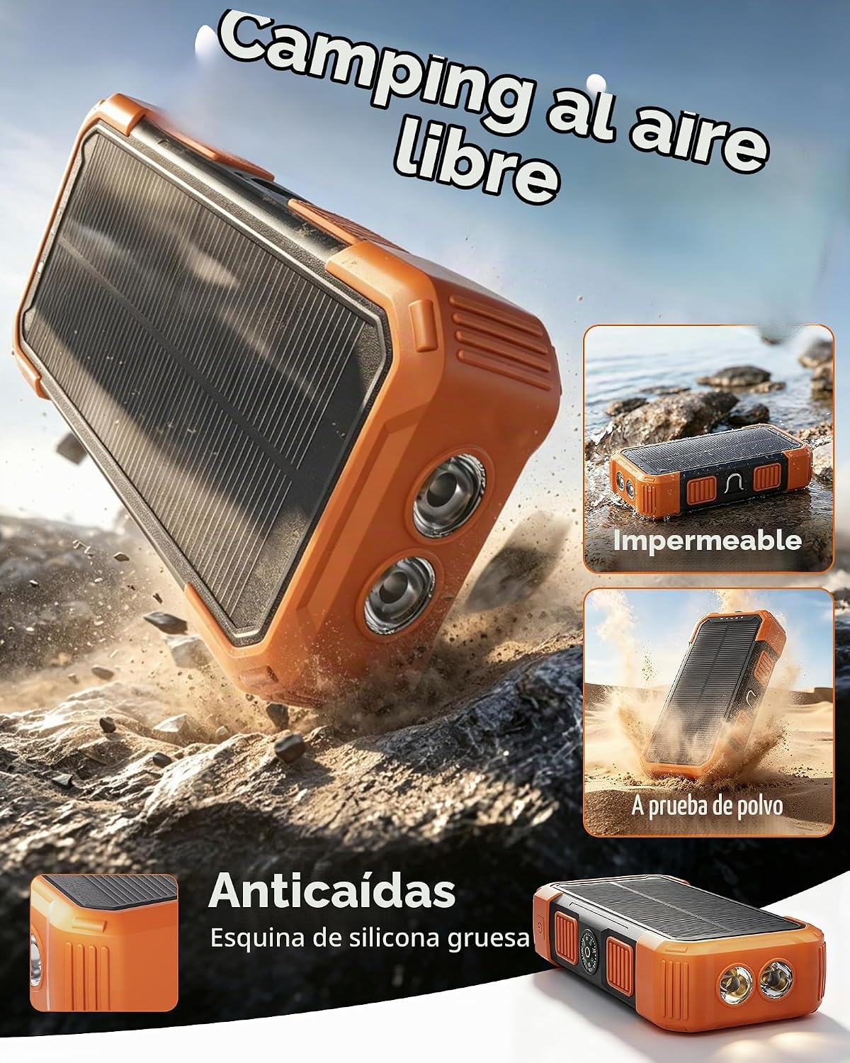 GULLVEN Cargador solar de 20000 mAh con 3 cables integrados, cargad...