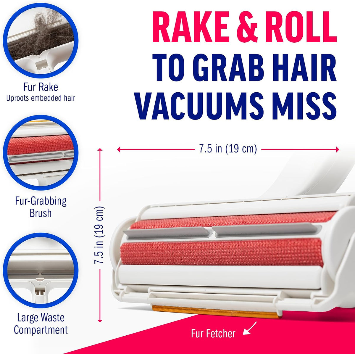 ChomChom Roller & Rake - Rodillo reutilizable para depilación de mascotas con accesorio de rastrillo para piel de gato y perro en muebles, sofá, alfombra, automóvil, alfombras, ropa de cama y más, portátil, ecológico