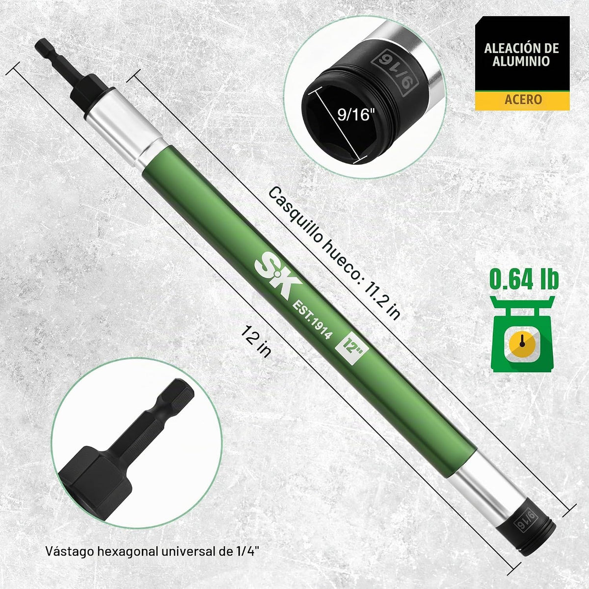 SK 9/16 '' destornillador de tuerca eléctrica 12 '' impacto resorte hueco