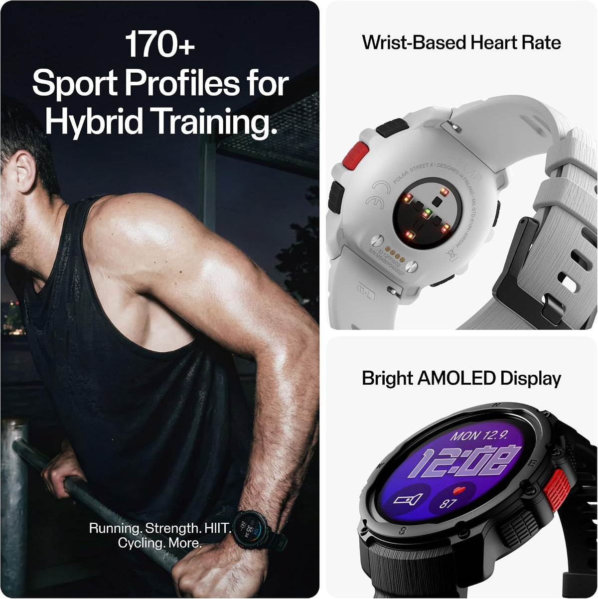 Polar Street X - Reloj deportivo con GPS para correr, resistente al agua, más de 170 perfiles deportivos, batería de 10 días, pantalla AMOLED, monitor de frecuencia cardíaca basado en la muñeca