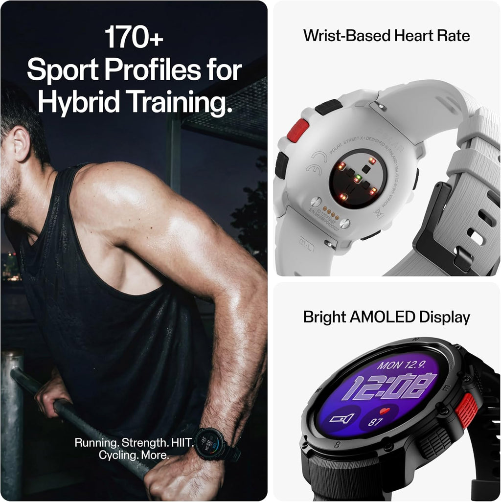 Polar Street X - Reloj deportivo con GPS para correr, resistente al agua, más de 170 perfiles deportivos, batería de 10 días, pantalla AMOLED, monitor de frecuencia cardíaca basado en la muñeca