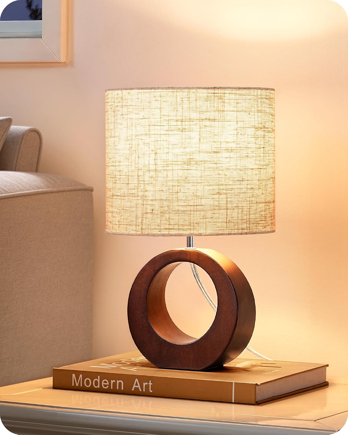 Lámpara EDISHINE Lámpara de mesa pequeña de madera de 13.4 pulgadas, interruptor de