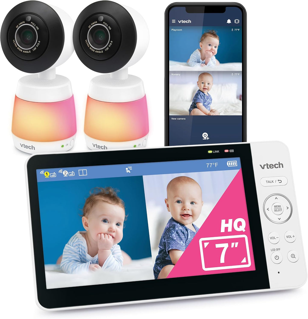 VTech Monitor inteligente WiFi para bebés, 2 cámaras para gemelos y dos habitaciones, pantalla dividida de 7 pulgadas, sensor 2K, visión gran angular, aplicación gratuita, luz nocturna, conversación