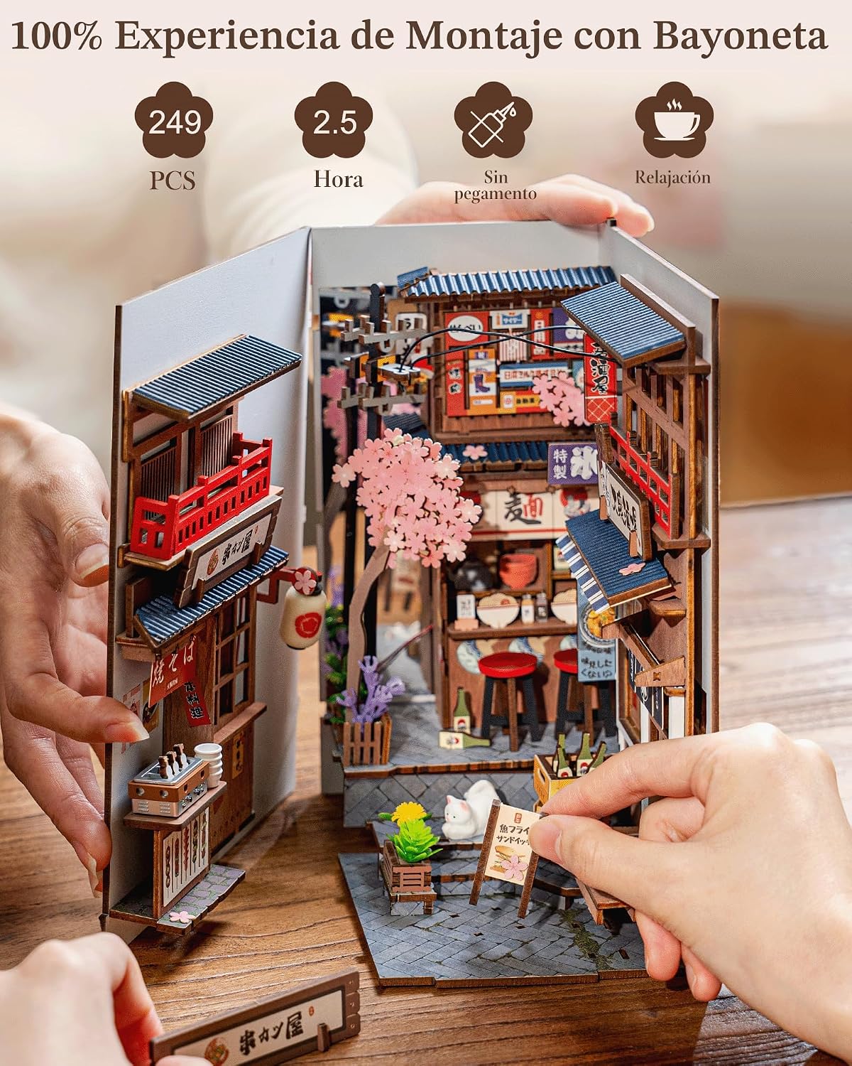 Rolife Kit de Rincón de Libros Sakura Wine Alley, Rompecabezas de Madera 3D Booknook para Decoración de Estantería, Tema Sakura de Inspiración Japonesa Kit Creativo de Casa de Muñecas en Miniatura DIY