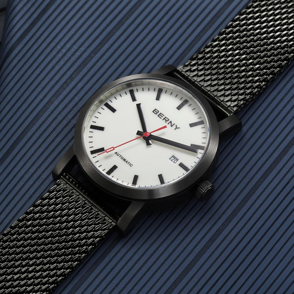 BERNY Reloj Automático Clásico para Hombre, Mecánico, Automático, Correa de Acero Inoxidable, Movimiento MIYOTA 8215, Resistente al Agua 5ATM, Esfera Completa Luminosa, Vidrio de Zafiro, Relojes de