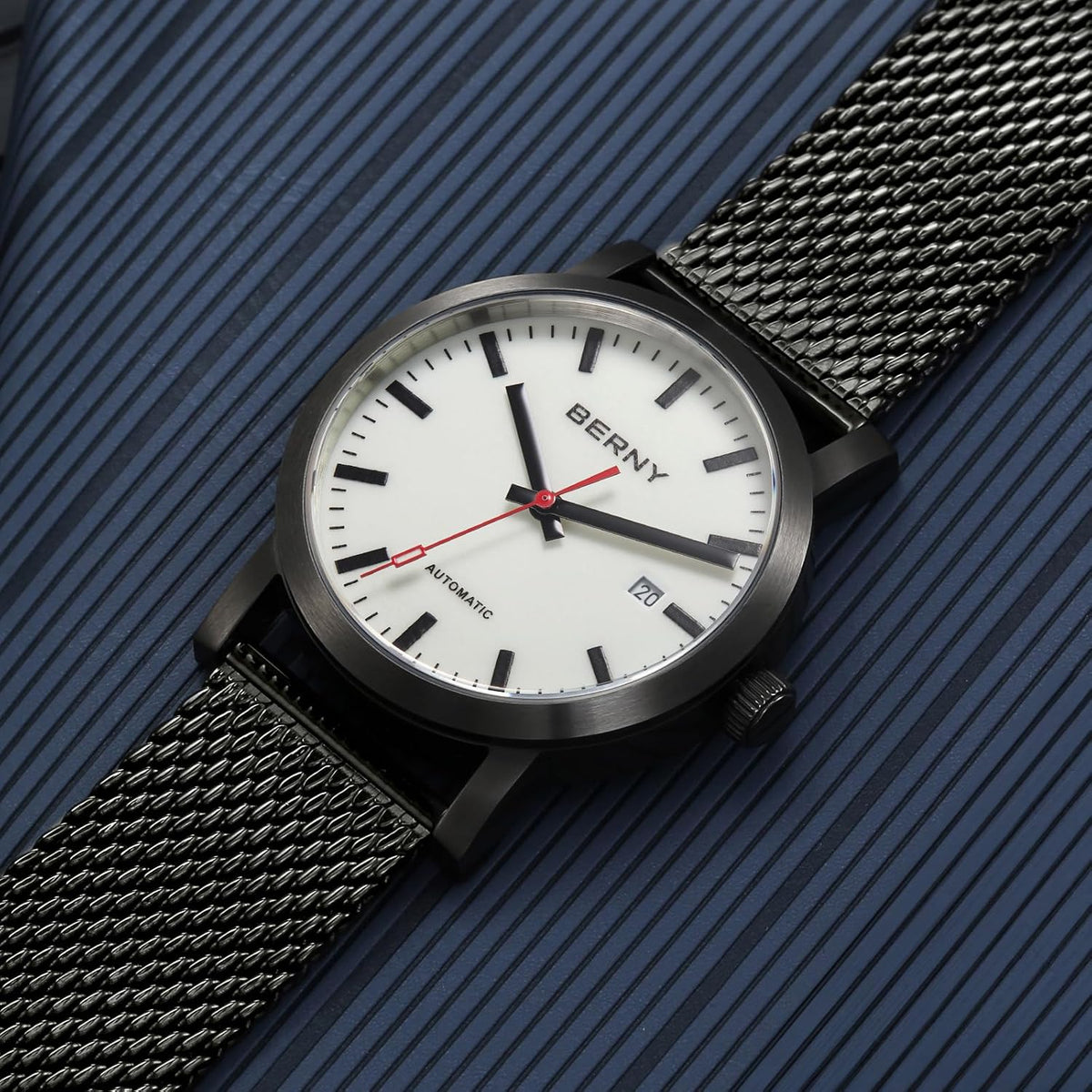 BERNY Reloj Automático Clásico para Hombre, Mecánico, Automático, Correa de Acero Inoxidable, Movimiento MIYOTA 8215, Resistente al Agua 5ATM, Esfera Completa Luminosa, Vidrio de Zafiro, Relojes de