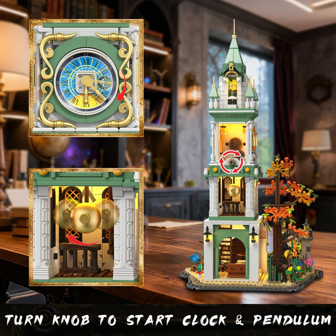 Juego de construcción de torre de reloj mágico con luz