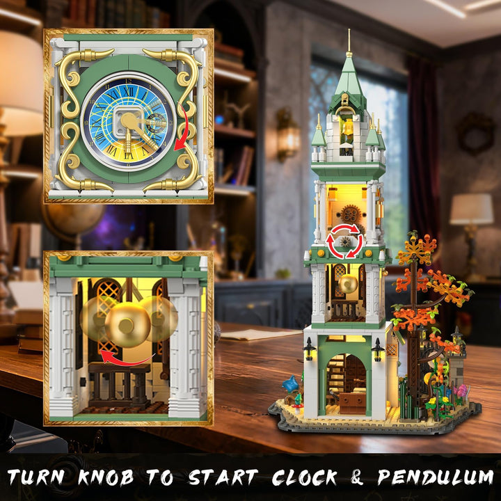 Juego de construcción de torre de reloj mágico con luz
