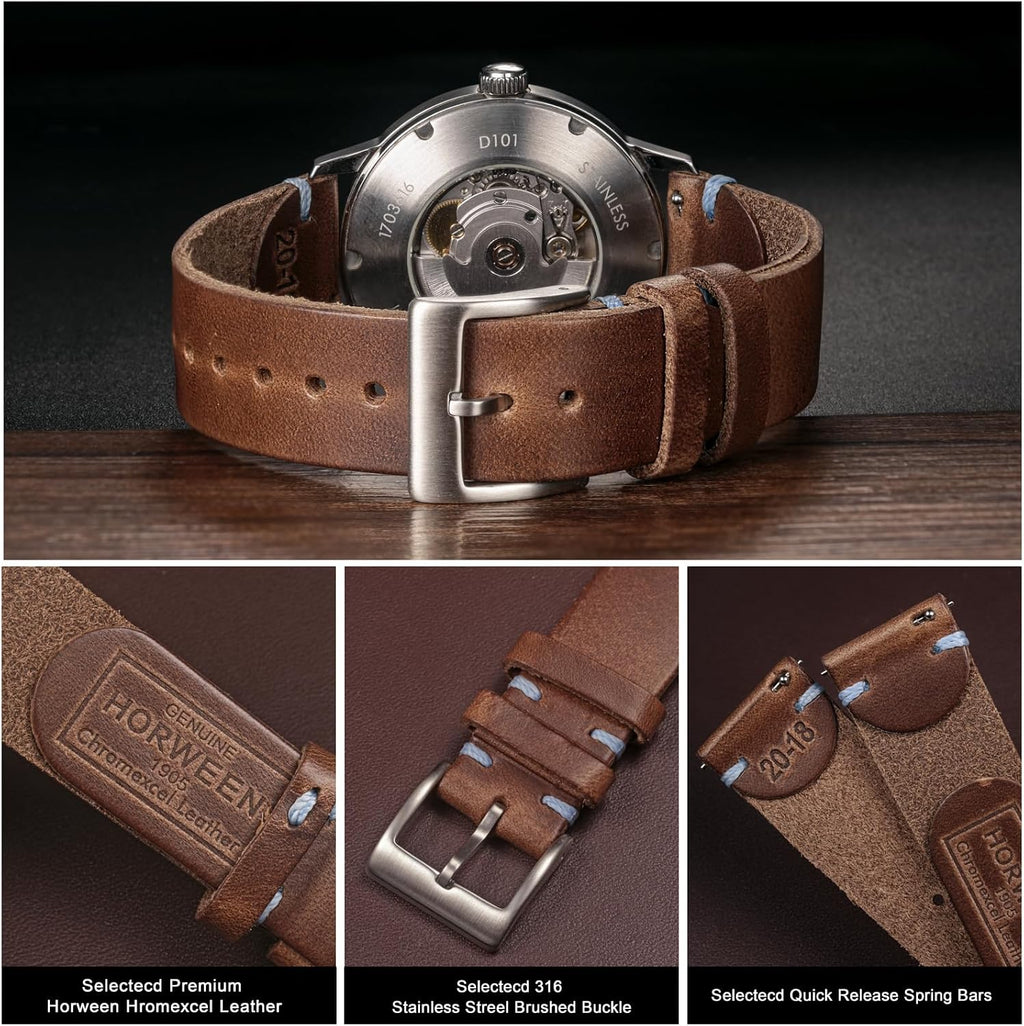 hemsut h Horween - Correas de reloj de cuero para hombre, correa de cuero de liberación rápida para reloj, envoltura de repuesto de 0.71 pulgadas, 0.78 pulgadas, 0.86 pulgadas