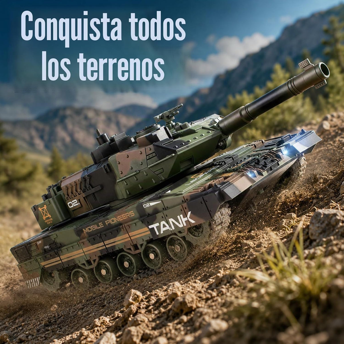 1:24 RC Tank-2.4G Tanque militar con control remoto que dispara BBS con torreta giratoria de 360°, demostración automática, sonido, luz y humo, vehículo militar de escalada todo terreno, juguete de juguete para niños de 8 a 12 años