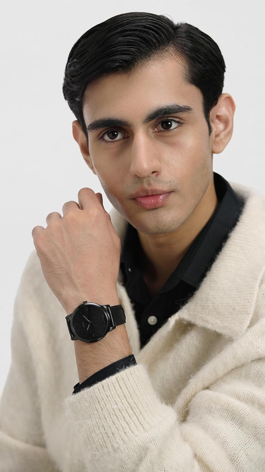 Fossil - Reloj de cuarzo minimalista para hombre, de acero inoxidable y cuero, de tres agujas