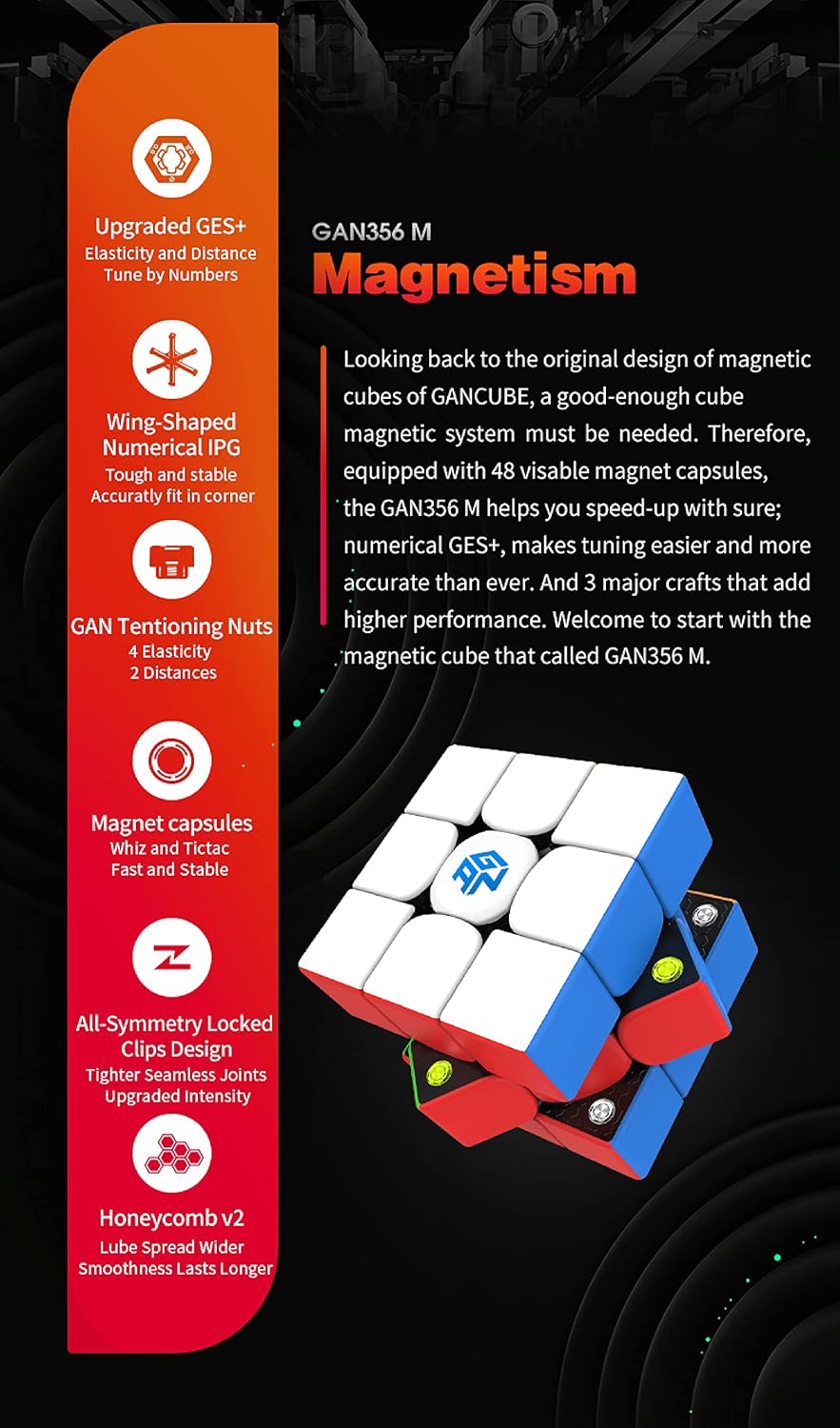 CuberShop GAN 356 M 3x3 Cubo magnético de velocidad lite, Gans 3X3 cubo magnético sin calcomanías, rendimiento suave y rápido de 3 por 3 lite insignia, GAN 356M cubo de rompecabezas de juguete de