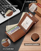 Cartera Artpaxy para hombre de cuero genuino plegable con bloqueo RFID, con 1 ventana para identificación, 13 ranuras para tarjetas, 2 bolsillos para efectivo, 1 caja de regalo, Marrón, Classic
