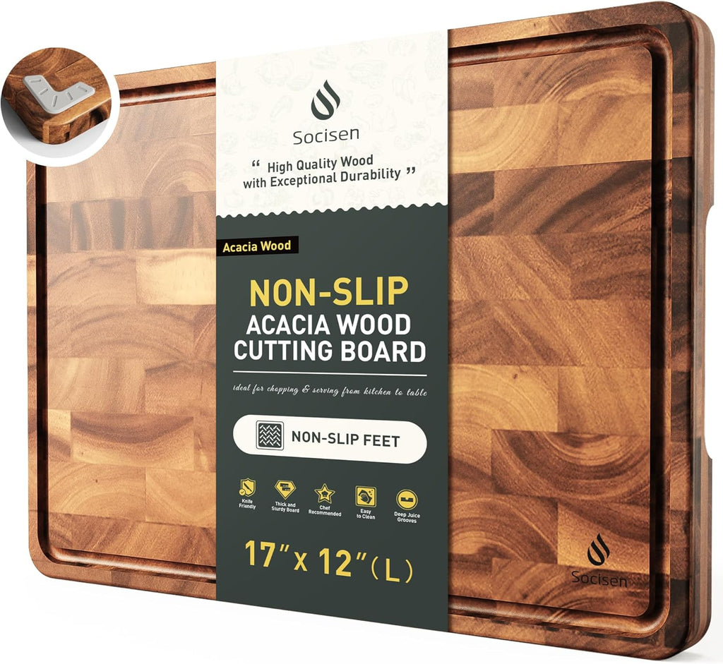 Tabla de cortar de madera de acacia con base antideslizante para cocina