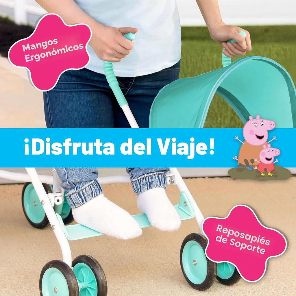 Peppa Pig Cochecito paraguas para niños pequeños, cochecito de viaje plegable ligero con arnés de 3 puntos, ruedas de bloqueo, toldo ajustable, compacto y portátil